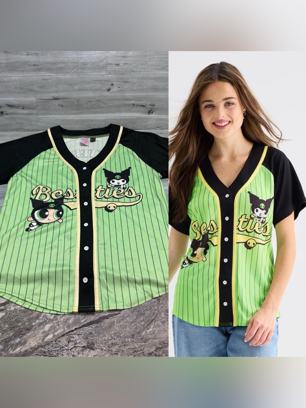Hello Kitty Kuromi-Powerpuff Green Kuromi 'Besties' Baseball Cat Jersey - Picture 1 of 11